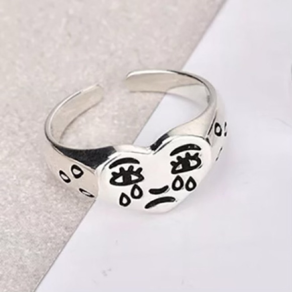 Sterling Silver Sad Crying Face Adjustable Ring - Picture 3 of 10
